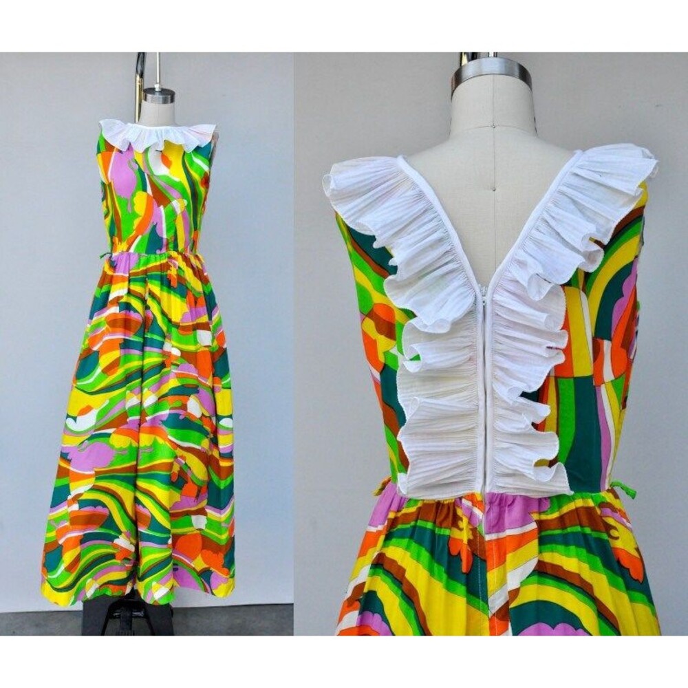 Vintage Rainbow Butterfly JUMPSUIT 60s 70s Colorful Palazzo Wide Leg Pants XS S